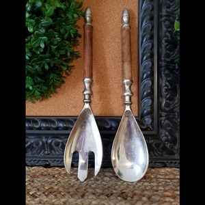 Silver Salad Serving Set with Walnut Handles
